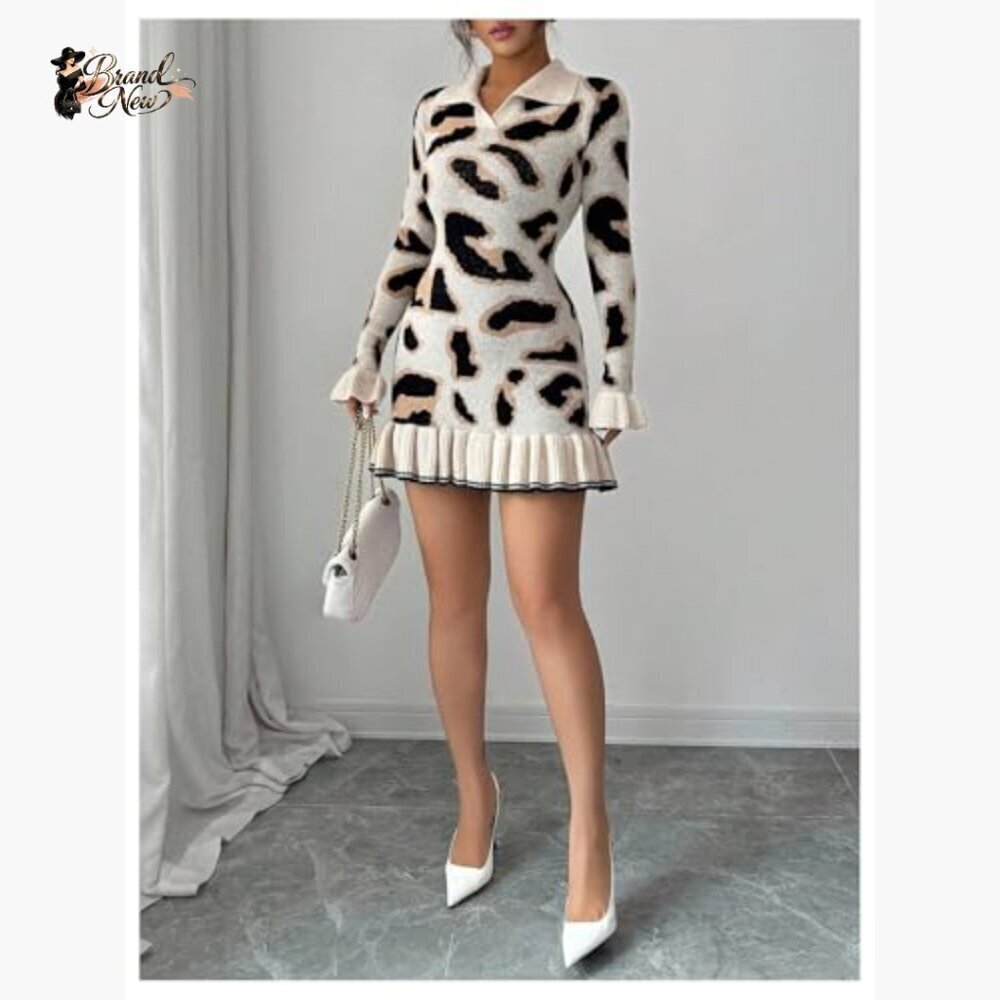 Long Sleeve Ruffle Bodycon Mini Sweater Dress Animal Print - Picture 5 of 5
